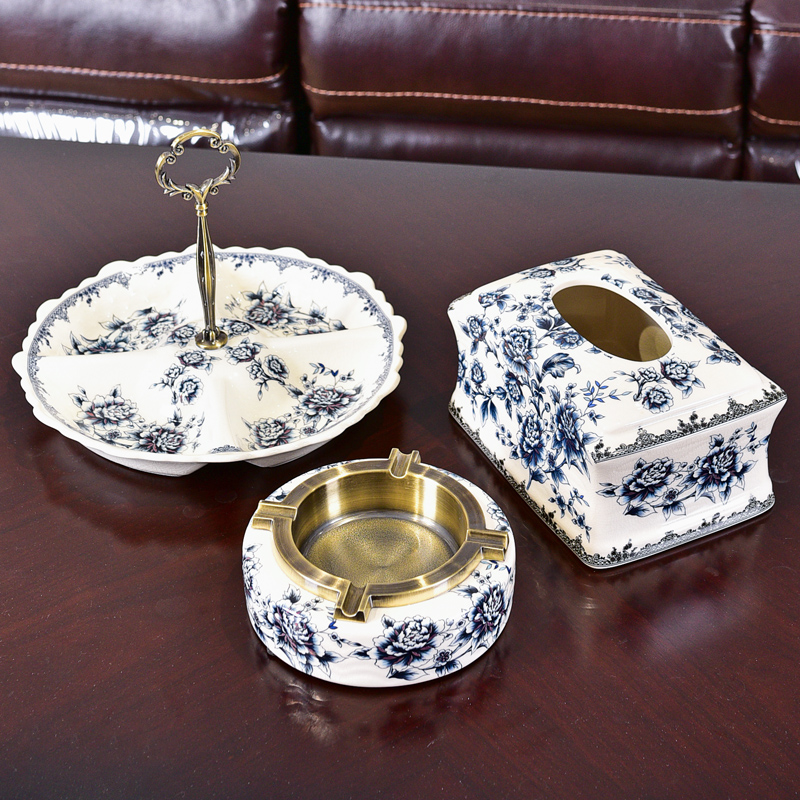 Three - piece ceramic bowl of new Chinese style new classic tea table table furnishing articles blue - and - white decoration home decoration restoring ancient ways