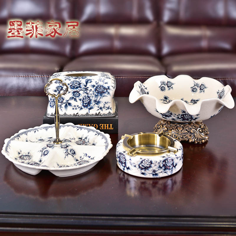 Three - piece ceramic bowl of new Chinese style new classic tea table table furnishing articles blue - and - white decoration home decoration restoring ancient ways