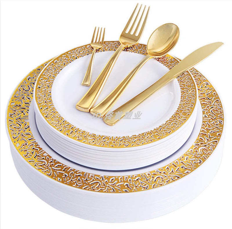 30 Disposable Gold Western-Style Tableware Party Goblets Plastic Champagne Glasses Gold Forks Spoons Plates Round