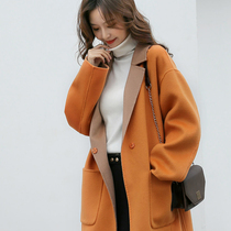 Water ripple double-sided cashmere coat female young 2021 new orange orange temperament Joker woolen coat
