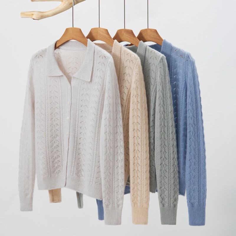 Polo Collar Phoenix Tail Flower Openwork Cardigan Thin Coat 100% Cashmere Lightweight Hollow Butterfly Flower Cardigan