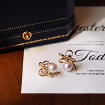 Loves Lilly M Home 18K Gold Silk with butterfly knot Japan Aurora Akoya natural seawater pearl earnail