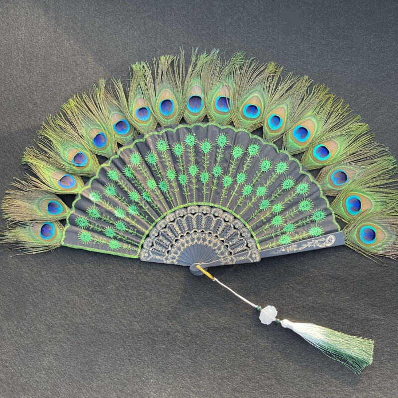 Peacock Feather Folding Fan, Embroidered Fan, Black Pole Sequin Fan, Wing Chun Folding Fan, Gift Fan Peacock Feather Folding Fan, Embroidered Fan, Black Pole Sequin Fan, Wing Chun Folding Fan, Gift Fan