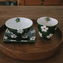 Glutinous rice porcelain) Japanese imported blue glaze flower small plate hand-painted white cherry blossom small bowl cup