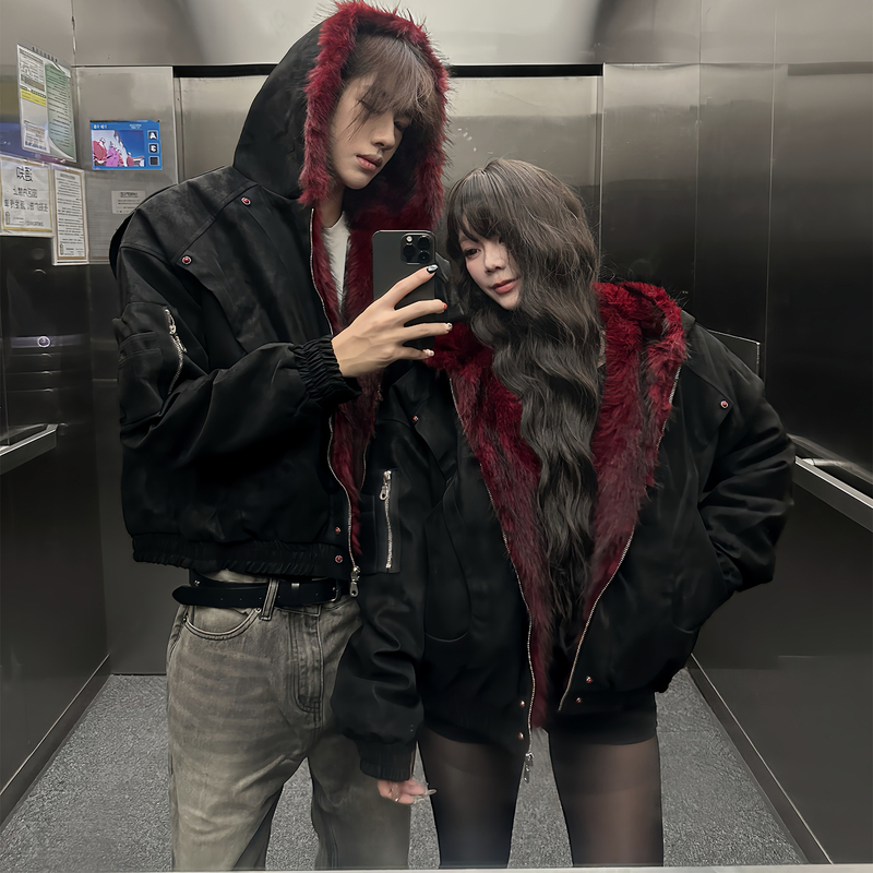 American Retro Style Mountain Carving Hooded Jacket, Cotton Clothing for Men and Women, High-Quality Pu Leather, Autumn and Winter Fleece-Lined Short Wide Top
