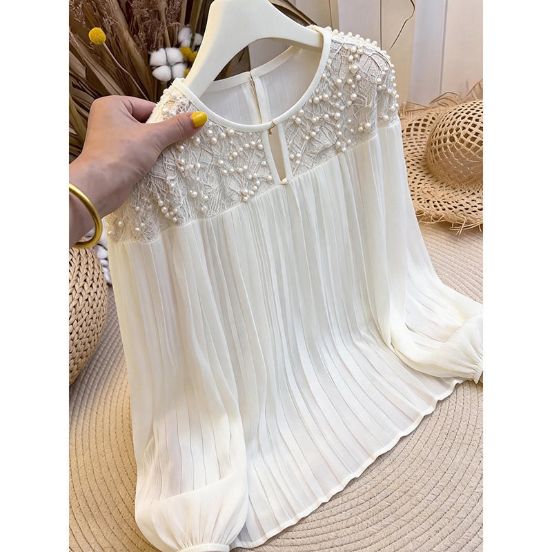Light Luxury Style White Lace Patchwork Beaded Top for Women, 2026 Autumn New Long-Sleeve Shirt, Elegant Blouse