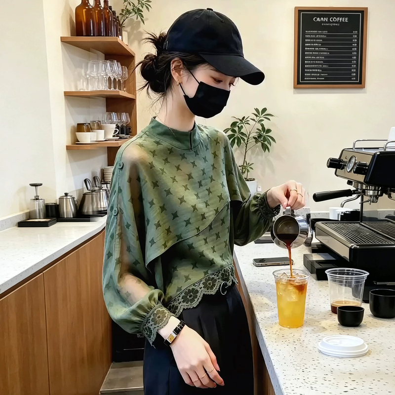 Elegant Commuter Style Stand-Collar Shirt for Women, 2026 Autumn New Model, Green Printed Lace Patchwork Unique Top