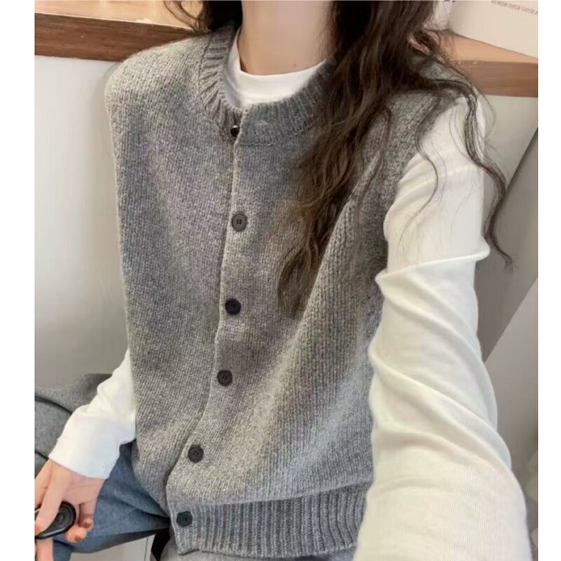 Gray Round-Neck Sweater Vest for Women, Cardigan for Autumn and Winter, 100% Wool, Versatile Layering Vest, Knitted Tank Top