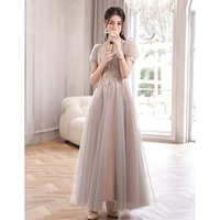 Розово-фиолетовый, сиреневый, длинный, V-образный вырез, рукава фонарики