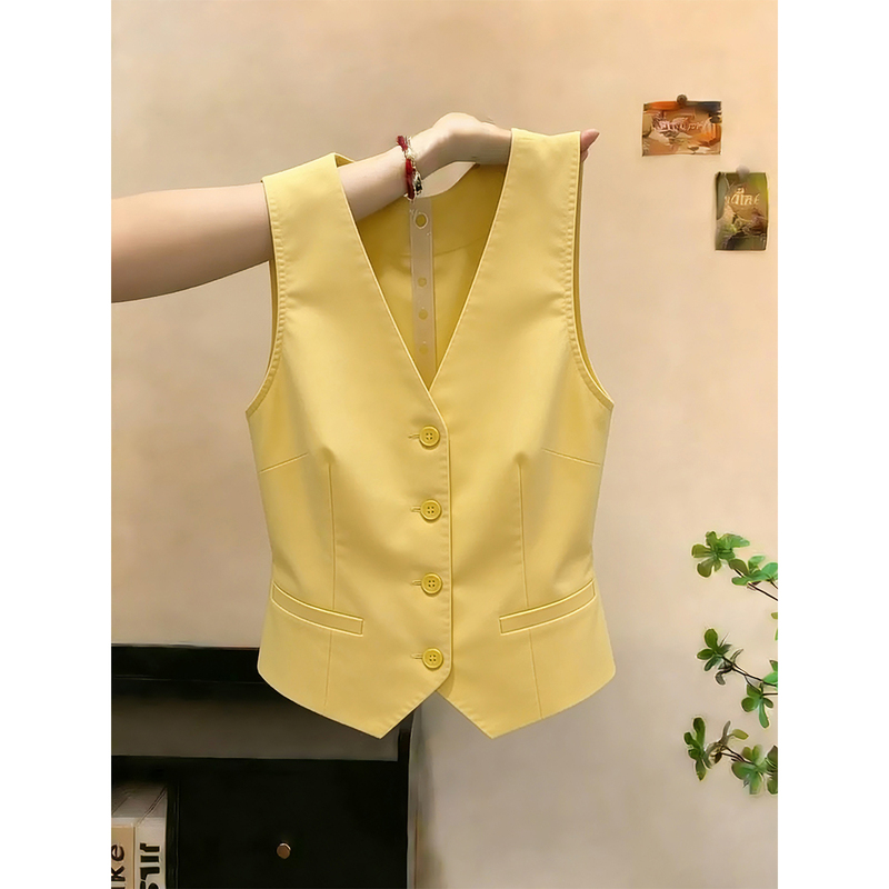Korean Style Elegant Light Luxury Yellow V-Neck Buttoned Vest for Women, Summer Sleeveless Versatile Slimming Youthful Tank Top