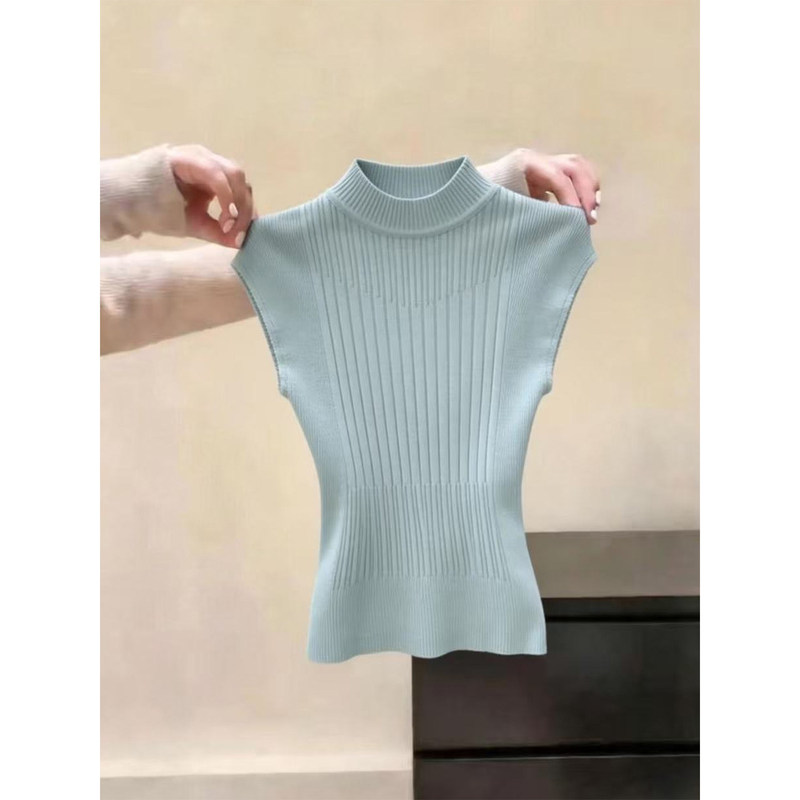 French-Style Spicy Girl Half-High Collar Blue Vest for Women, New Summer Slim-Fit Unique Ribbed Knit Top