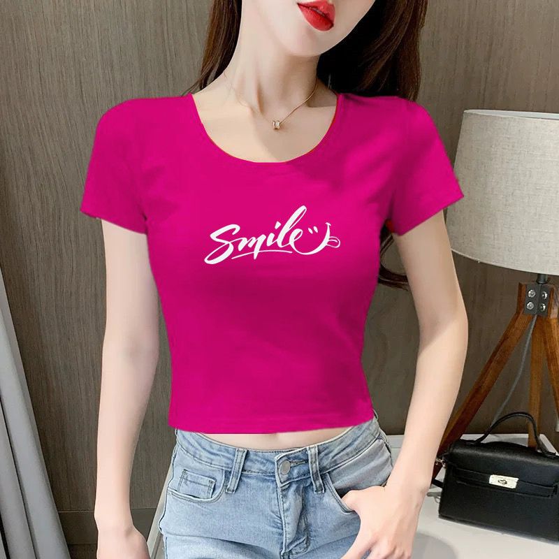 Rose Red Short-Sleeved T-Shirt for Women, Summer 2025 New Style, American Sports Style, Petite Slim Fit, Jazz Dance Short Top
