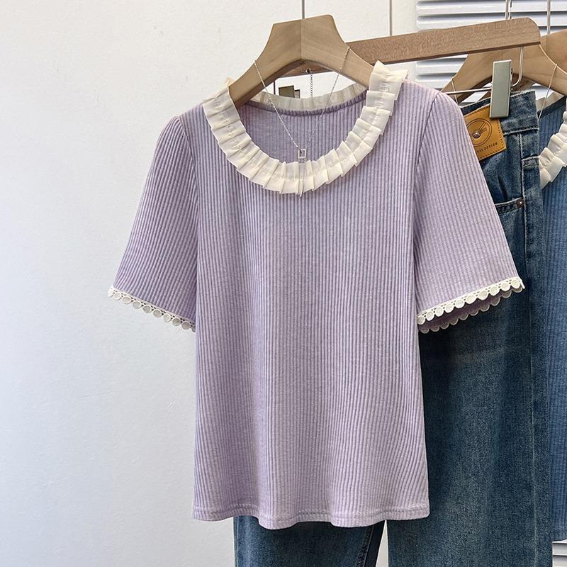 45-150kg Plus Size Women's Lace Design Summer Short-Sleeved T-Shirt Loose New Lace Splicing Shirt ins Tops