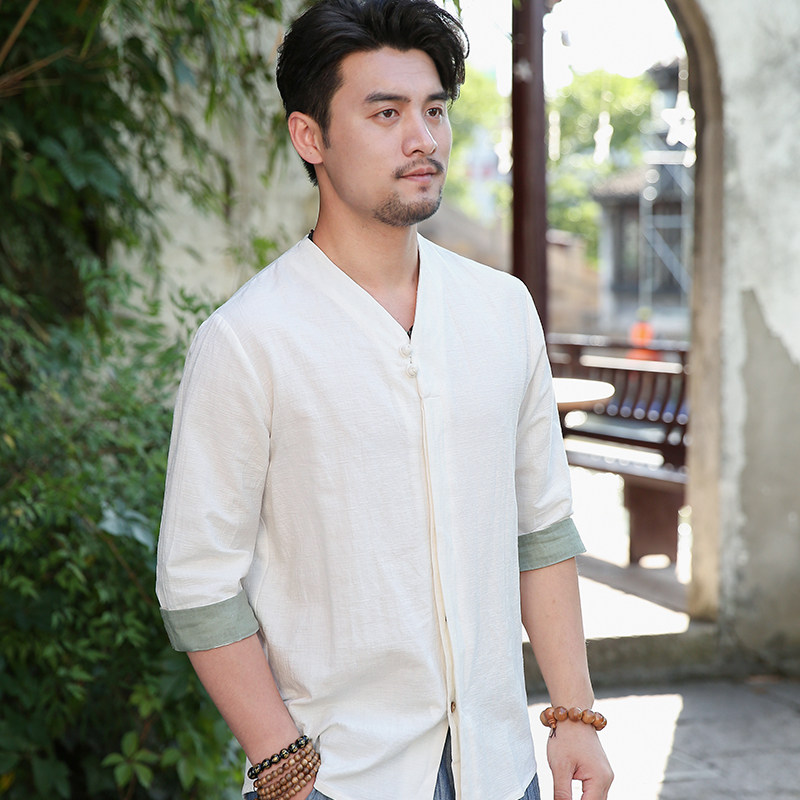Chinese feng tea clothes male style men's dress tatton shirt Chinese shirt cotton and loose tea people meditation