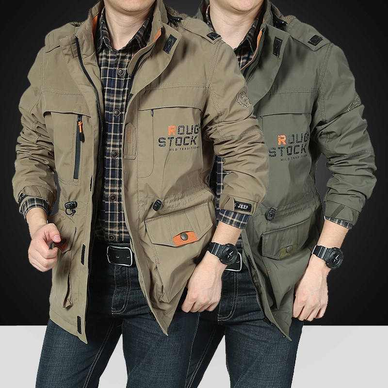 Autumn and winter jacket men's long assault jacket plus velvet tooling outdoor windproof jacket casual spring and autumn multi-pocket jacket