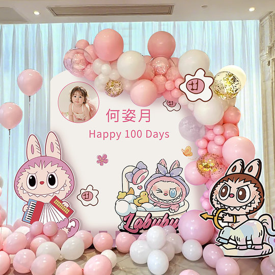 Labubu theme birthday boy girl baby full moon hundred days KT board layout balloon decoration party background wall