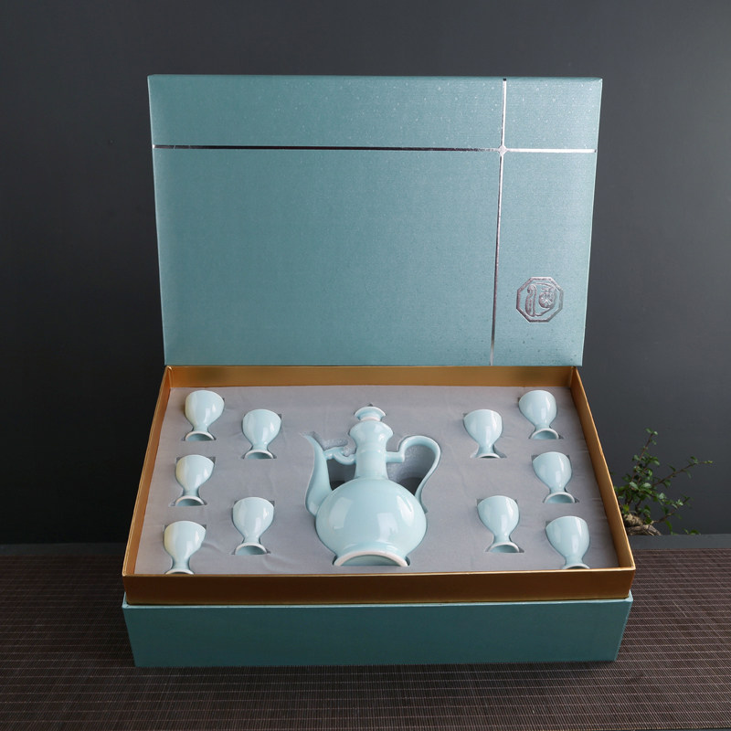 Ceramic green porcelain wine suit with fine gift box Chinese creative ancient windy high foot cup imitation ancient wine jug home liquor cup-Taobao