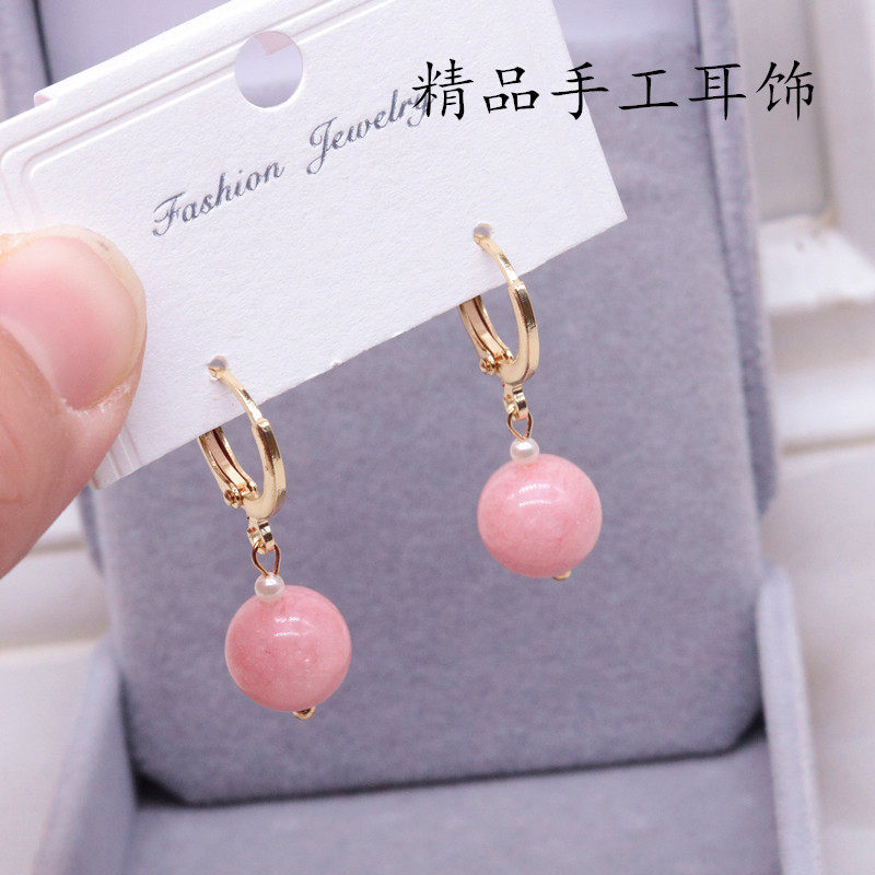 Серьги 天然粉晶耳环14k包金防丢耳扣短款甜美简约耳坠淡粉色花纹石女款