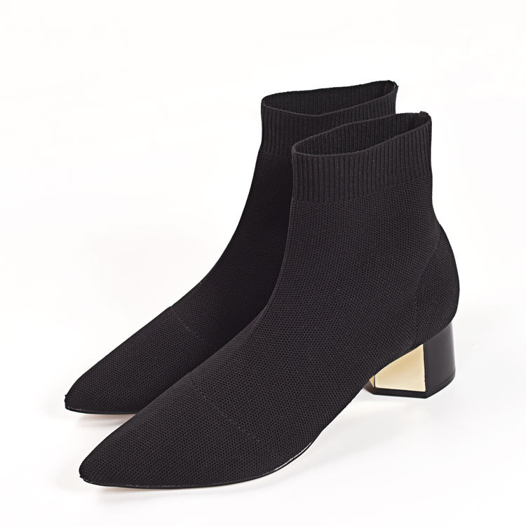 2026 New Color-Blocked Diamond-Patterned Knitted Elastic Sock Boots with Chunky Mid-Heel and Pointed Toe for Women, Short Boots, Single Boots, Black