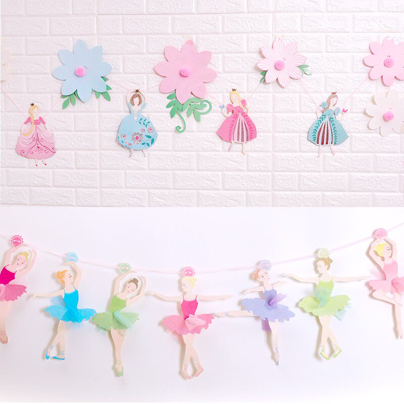 Birthday Party Decorations Flowers Princess Ballet Dancer Dancing Girl Laqi Canvas Strip Triangle Flag Raffin Flowers Fairy Color Banner