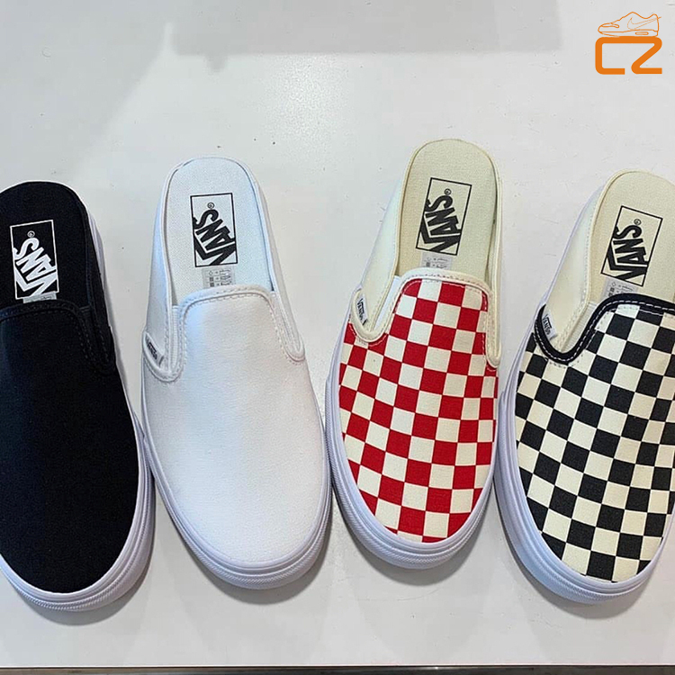 Vans Os Slip-On Sneakers, Black and White Checkerboard Pattern, White and Pink Lazy Slippers, Unisex Low-Top Canvas Shoes