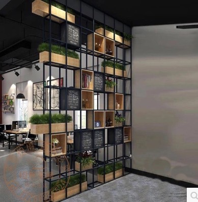 American-style solid wood wrought iron screen partition retro bookshelf industrial style porch rack storage cabinet LOFT display rack