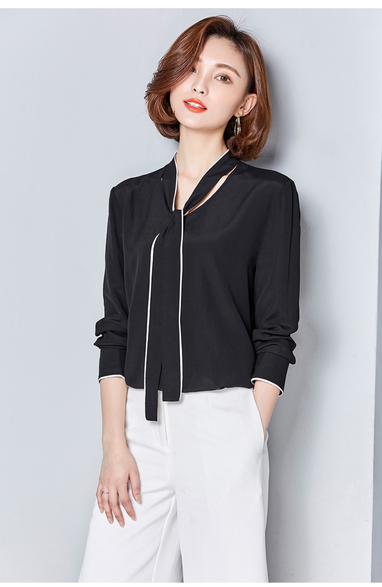 Xuân 2017 mới nặng lụa mới size áo dài tay nơ nữ áo sơ mi lụa nữ áo công sở đẹp
