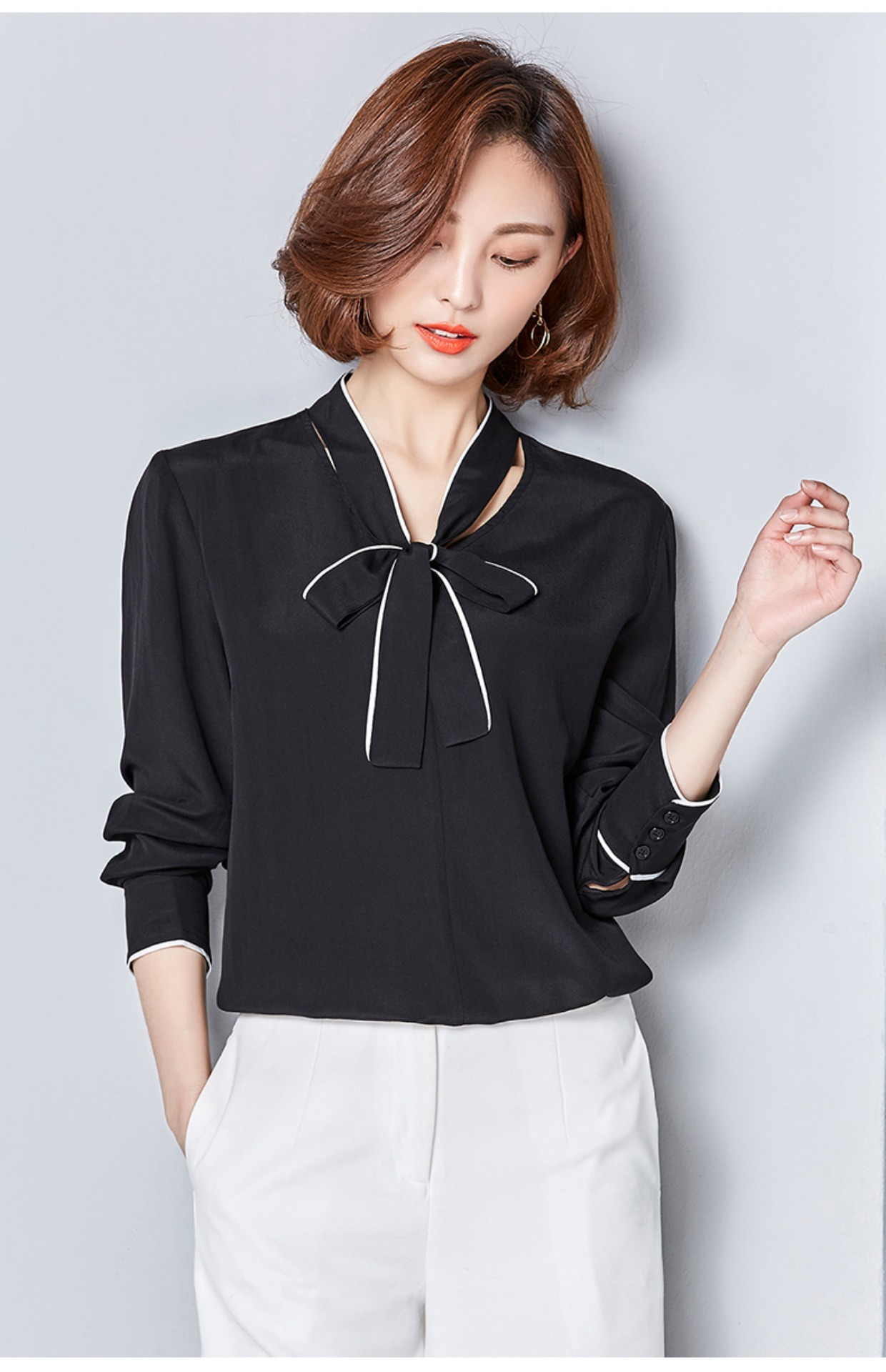 Xuân 2017 mới nặng lụa mới size áo dài tay nơ nữ áo sơ mi lụa nữ áo công sở đẹp