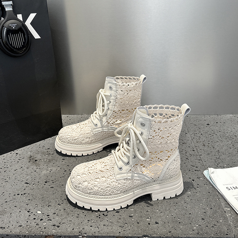 Thick-Soled Fashionable Lace Woven Martin Boots for Women 2026 New Summer Mesh Hollow Breathable Short Boots Versatile Cool Boots