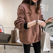 Autumn and winter coat womens fake two long sleeve pullover print sweater stitching semi-high collar plus velvet women loose fat mm