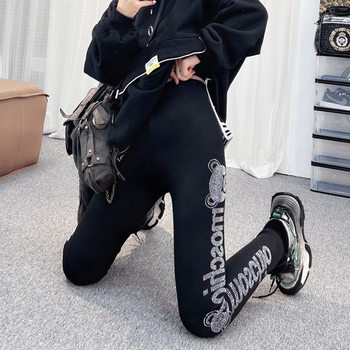 Trendy brand heavy industry hot diamond outer wear leggings women's european elastic high-waisted pants black fashion small feet pure cotton slim fit Trendy brand heavy industry hot diamond outer wear leggings women's european elastic high-waisted pants black fashion small feet pure cotton slim fit