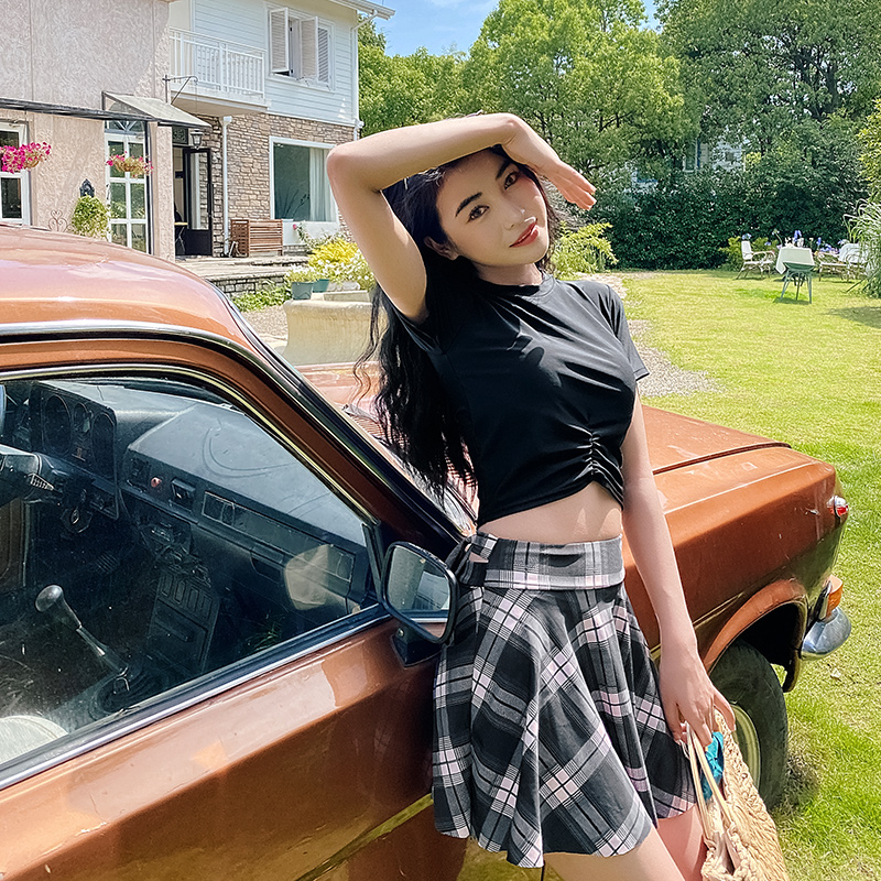 Mimoi 2022 New Short Sleeves Black Day Ensemble Cute Two-style Student Skirt JK Plaid Swimsuit Women Summer