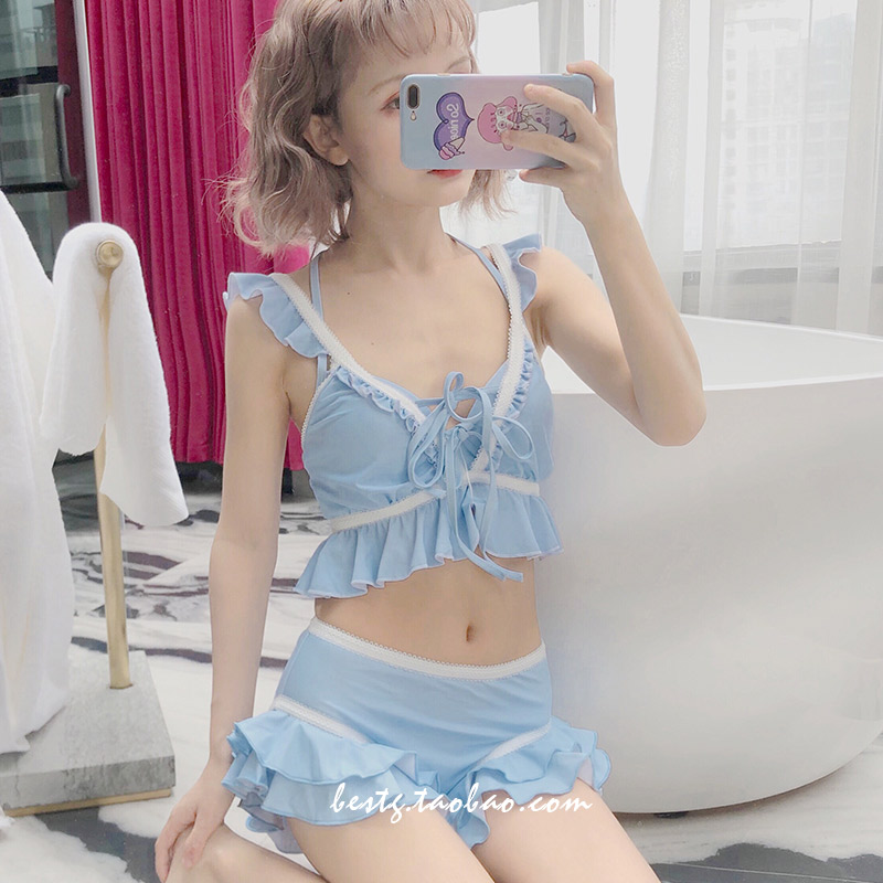 Mimoi Closet Day Ensemble Lovely Lolita Pure Desire Wind Blue Harness Swimsuit Two-style Swimsuit Women's Summer