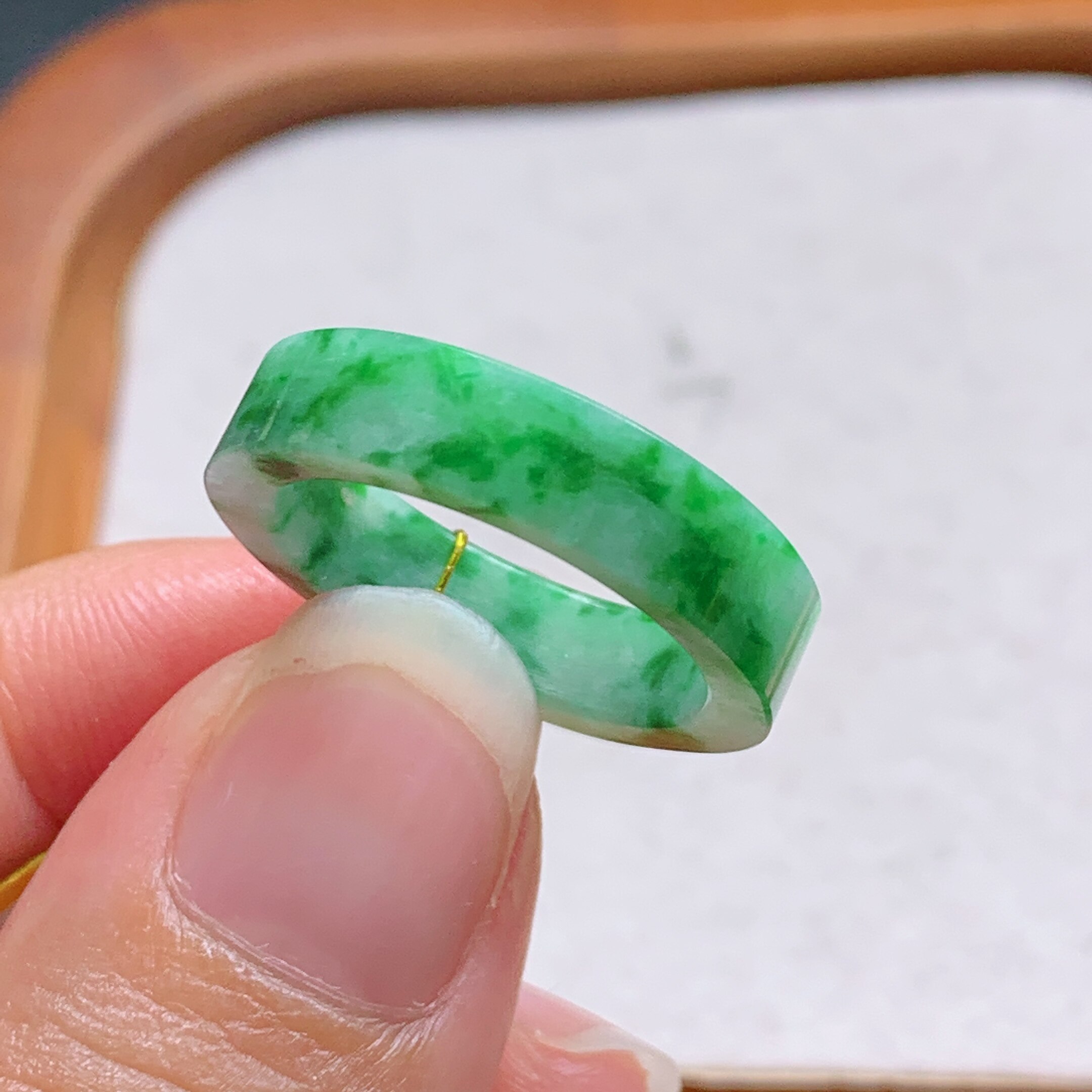 No. 14-15 Myanmar natural grade A jade T1262 inner diameter 17.5-4.8-2.7mm floating green square ring