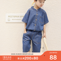 Childrens clothing Childrens summer clothing thin denim suit Medium and large childrens denim short-sleeved top pants two-piece set of foreign tide