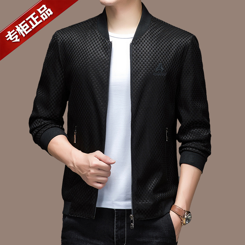 Lumba Baoli Men's Baseball Collar Jacket with Dark Plaid Pattern, Spring and Autumn Business Casual Coat, High-End Versatile Top for Middle-Aged Men