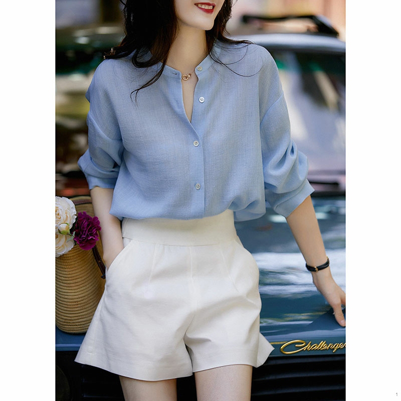 Light Luxury Women's Suit, Blue Hong Kong Style, Retro Summer Chanel Style, Professional Thin Shorts, Wide-Leg Pants Two-Piece Set, Hepburn Style