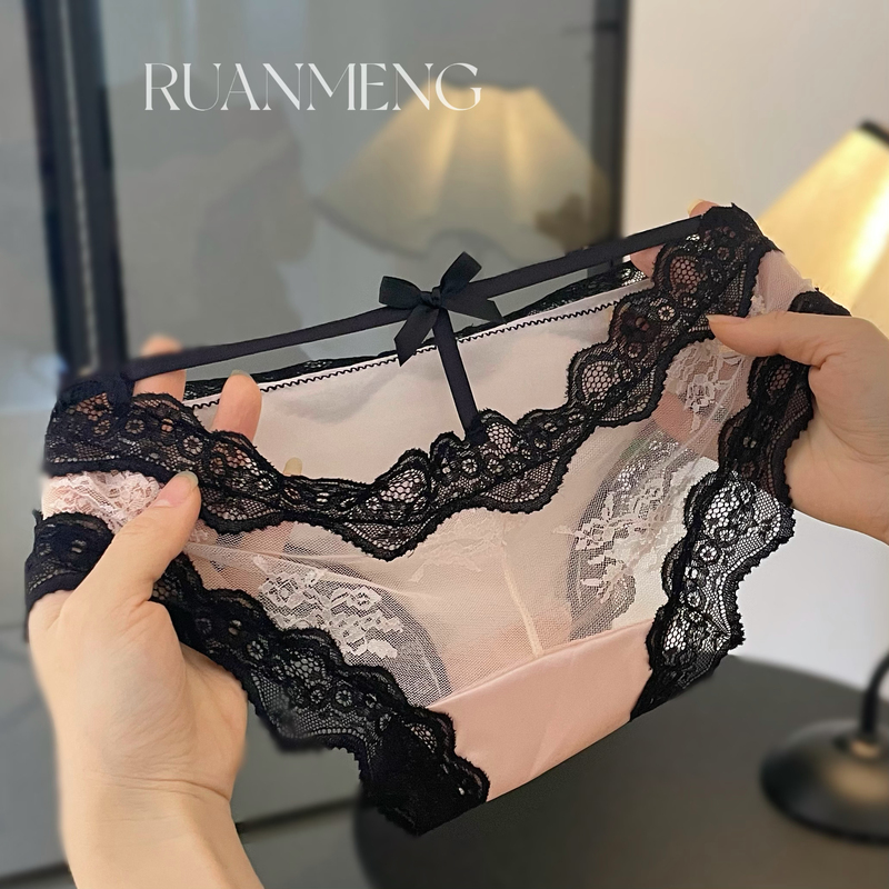 Heart-Pounding Moment ~ French Satin Lace Panties for Women, Pure Desire Hollow-Out Bow, Pure Cotton Crotch, Breathable Low Waist