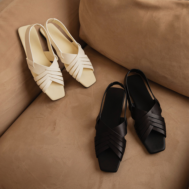 ALEXSARA High-set series 2022 Summer new genuine leather retro square head braided hollowed-out flat-bottomed sandal women