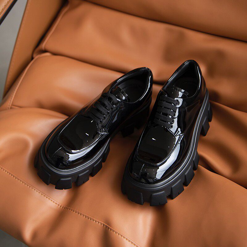 ALEXSARA2022 autumn new patent leather heightened thick-soled muffin shoes square toe all-match loafers big-toed shoes women