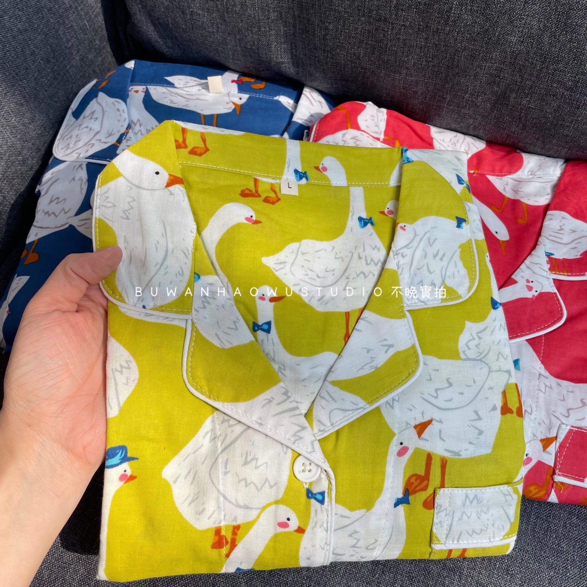 Export Day Single) Foreign Trade Pure Cotton Double Layer Gauze Spring Autumn Suit Cartoon Ducks Big Goose Turnover Collar Home Clothing Pajamas