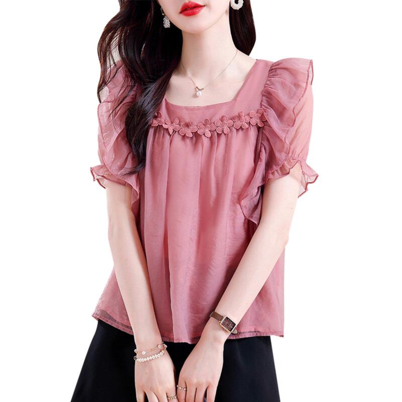 Hangzhou Brand Silk Shirt Women's Square Collar Lace Fashion Loose Shirt Mulberry Silk Summer Top Plus Size