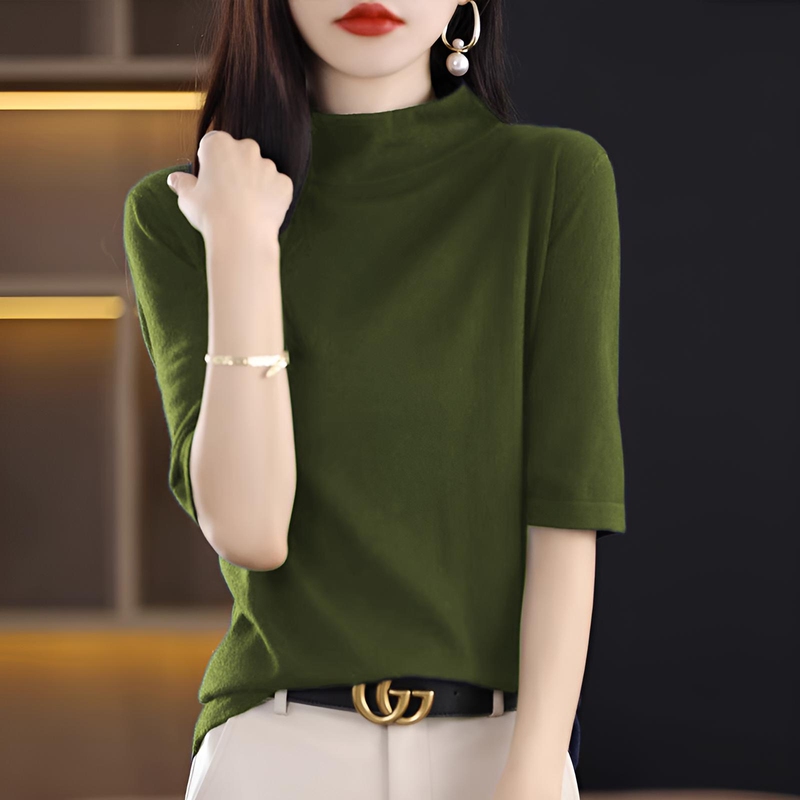 Women's Thin Loose-Fitting Mid-Sleeve T-Shirt in Avocado Green for Autumn, Stylish New Knit Top with a Mature Look