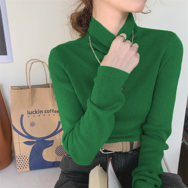 High-Neck Green Chic Base Shirt for Women, Autumn and Winter 2026 New Style, Stylish Knitted Sweater with a Turn-Down Collar, Wool Inner Layer, Thin Sweater