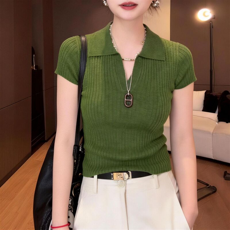 Pit Stripe Lapel Knit Short-Sleeve T-Shirt for Women, 2026 Spring and Autumn New Style, Avocado Green, Stylish and Slimming Top Pit Stripe Lapel Knit Short-Sleeve T-Shirt for Women, 2026 Spring and Autumn New Style, Avocado Green, Stylish and Slimming Top