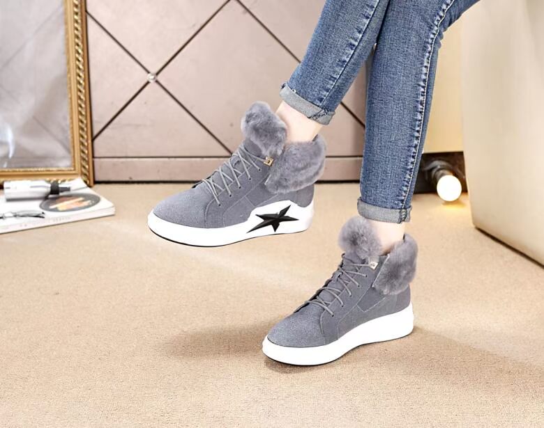 Giày da thỏ lông cao màu đỏ cộng với nhung giày thể thao ấm áp cho học sinh giày sneaker cổ cao nữ