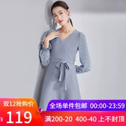 2018 mùa thu mới v-cổ đan eo thon nữ dài tay jacquard khâu eo cao áo len ren