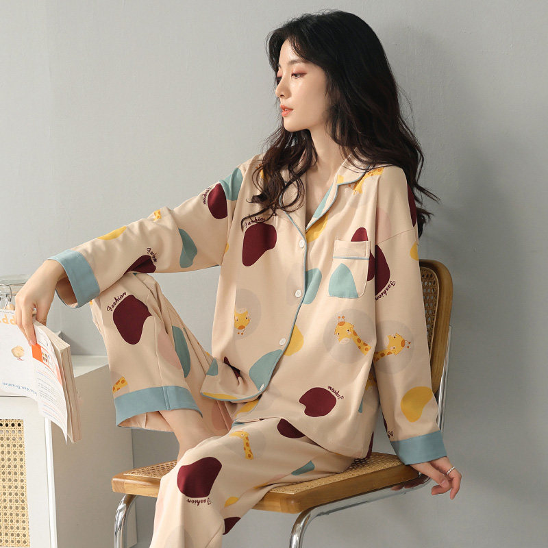 Pajamas women's spring and autumn pure cotton long-sleeved open chest can be worn outside the lapel loose pair of trousers home service two-piece suit