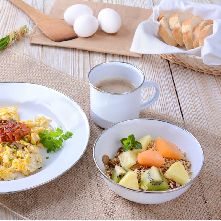 Enamel Three-Piece Tableware Set, Tea Cups, Bowls, Plates, Outdoor Camping, Hiking, Travel Portable Set, Can Be Heated over an Open Flame Enamel Three-Piece Tableware Set, Tea Cups, Bowls, Plates, Outdoor Camping, Hiking, Travel Portable Set, Can Be Heated over an Open Flame