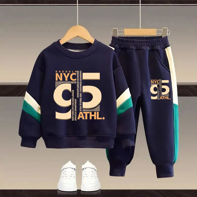 Костюмы для мальчиков, зимние с бархатным утеплителем, новые детские модные уличные свитера, спортивные штаны, большой детский костюм-двойка в западном стиле